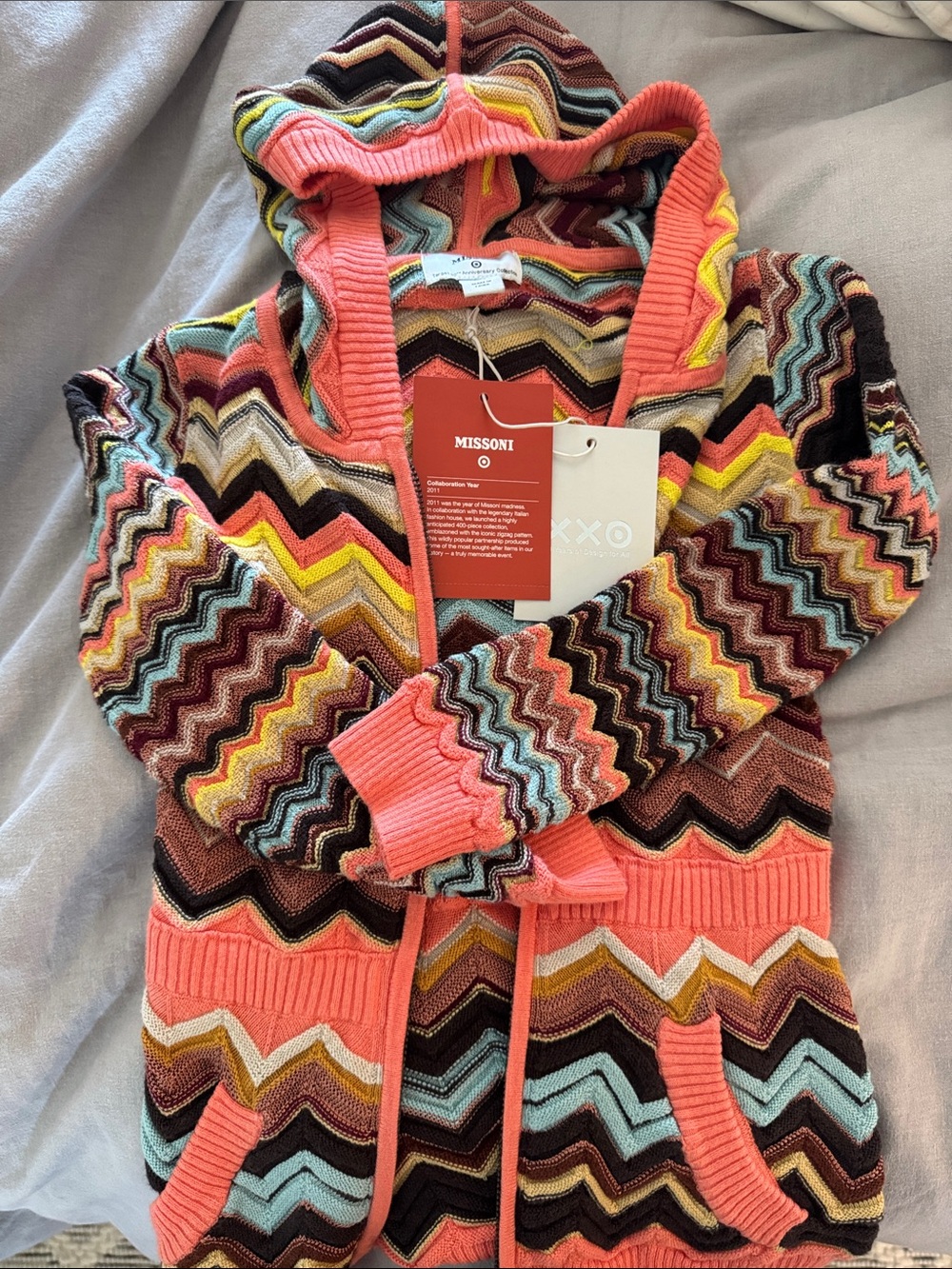 Missoni Coral Multicolor Chevron Hooded Knit Cardigan